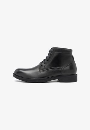 Botine negre din piele cu un finisaj neted, cu sistem de închidere cu șireturi, vârf rotund și toc mic bloc.