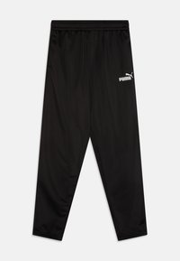 Črne atletske hlače, narejene iz gladkega, lahkega blaga. Imajo elastičen pas in bel Puma logotip na levi nogi.