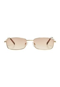 Rectangular sunglasses with a thin gold metal frame and gradient brown lenses. Temples have a sleek design with clear plastic accents.