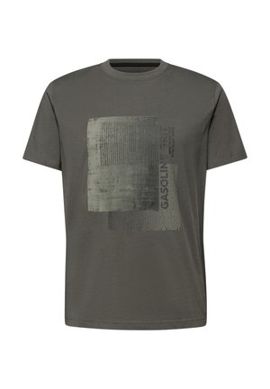 Dunkelgraues T-Shirt mit kurzen Ärmeln, quadratischem Grafikdesign und dezentem Text in gedämpften Grün- und Schwarztönen auf der Vorderseite.