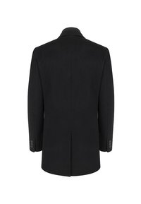 Czarny, dopasowany płaszcz wykonany z gładkiej tkaniny, z pojedynczym rozcięciem z tyłu, kołnierzem z wycięciem i zapinanymi na guziki mankietami.