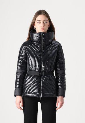 Black puffer jacket with a high collar, shiny texture, padded design, and a belted waist. Features diagonal stitching and a front zipper.