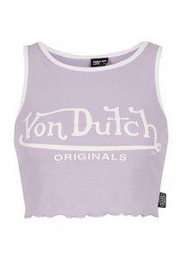Ljuslila ribbade crop top med en vit vågig nederkant och kontrasterande vit logotekst som står "Von Dutch ORIGINALS."