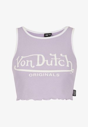 Šviesiai purpura juostuota trumpa palaidinė su balta iškirpte ir kontrastiniu baltu užrašu "Von Dutch ORIGINALS."