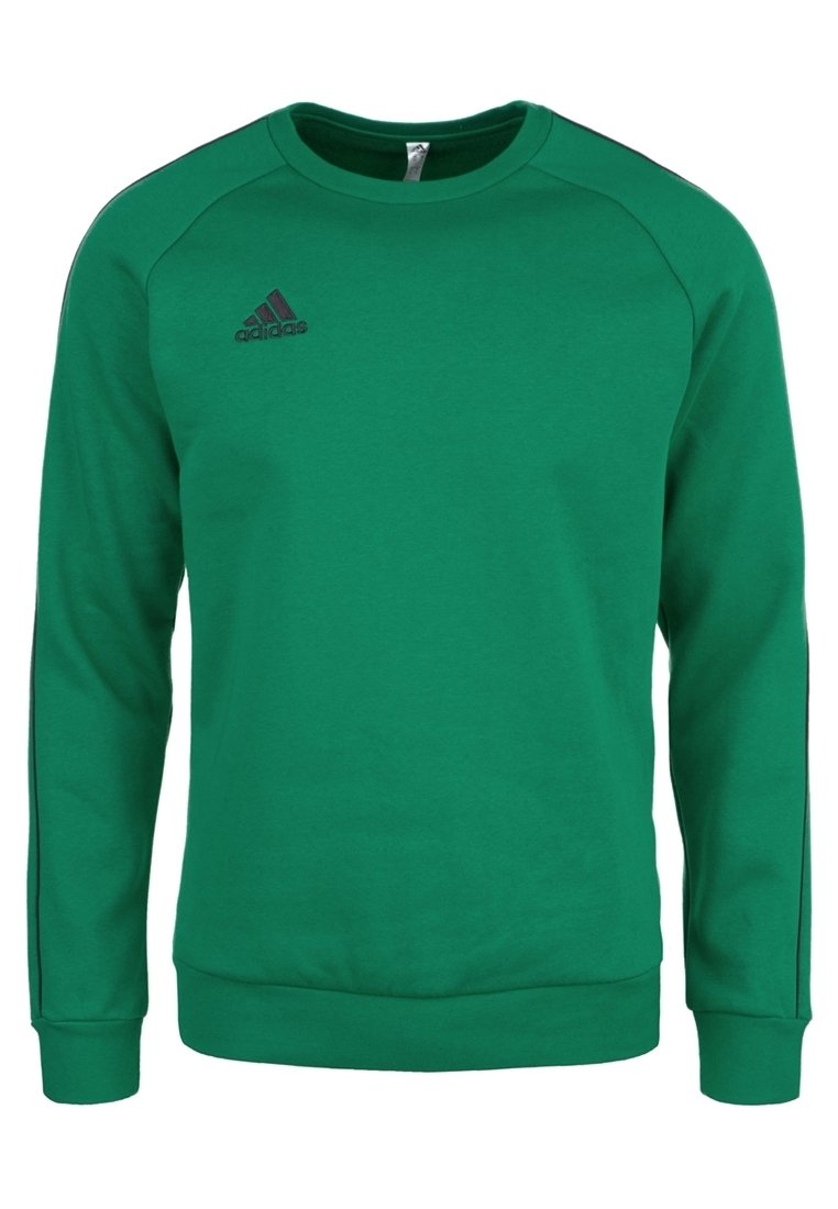 Sudadera verde de cuello redondo confeccionada en una suave mezcla de algodón. Presenta puños y dobladillo acanalados, además de acentos negros con tres rayas en los hombros. Logo de Adidas exhibido.
