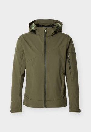 Oliivinvihreä hupullinen softshell-takki, jossa on koko edestä vetoketju, vetoketjullinen hiha-tasku ja säädettävät hupun nyörit.