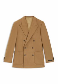 Blazer doppiopetto in lana color cammello, con rever a punta, due tasche frontali e bottoni scuri. Interno foderato con branding discreto.