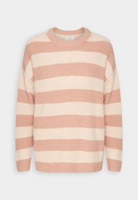 Pull en maille avec de larges rayures horizontales dans des tons de rose poussiéreux et de crème, avec un col rond et des manches longues. Tissu texturé.