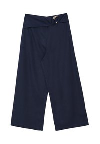 Hose in Marineblau mit weitem Bein und knotenförmigem Bund, gefertigt aus einem leichten Stoff mit glatter Textur und ohne auffällige Verzierungen.