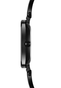 Schwarze Smartwatch mit einem runden Gehäuse und einer glatten, glänzenden Oberfläche. Verfügt über eine Seitentaste und ein matt schwarzes Armband mit einem sicheren Verschluss.