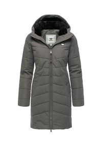 Grå vadderad jacka med huva, dragkedja fram och två sidofickor. Har en slät yta och en diamantmönstrad kviltning.