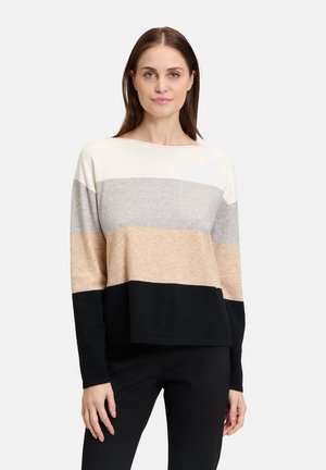 Long-sleeve sweater featuring horizontal stripes in cream, gray, beige, and black. Soft texture with a relaxed fit and crew neckline.