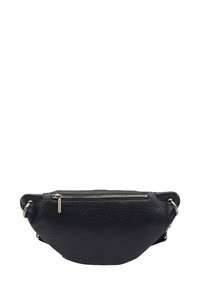 Sac à main en cuir noir avec une texture granuleuse, de forme arrondie, fermeture éclair sur le dessus et des accents en métal argenté sur les côtés.