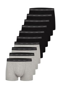 Męskie bokserki w kolorze czarnym i szarym. Miękka mieszanka bawełny, dopasowany krój, elastyczny pas z logo. Osiem sztuk ułożonych w rzędzie.