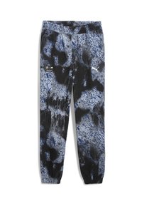 Bukser lavet af blødt stof med et blåt, sort og gråt abstrakt mønster, elastisk talje og manchetter ved anklerne. Inkluderer Puma- og BMW-logoer.
