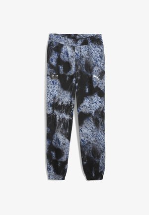 Pantaloni realizzati in un tessuto morbido con un motivo astratto blu, nero e grigio, vita elastica e caviglie elasticate. Presentano i loghi di Puma e BMW.