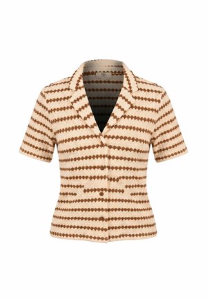 Chemise à manches courtes à boutons avec des rayures en zigzag marron et beige et un col cranté, coupe ajustée.