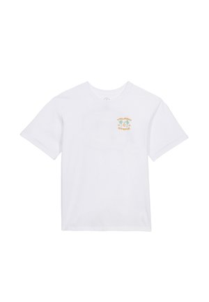 T-shirt blanc à manches courtes avec un petit logo jaune et vert "Volcom Stone" sur le côté gauche de la poitrine.