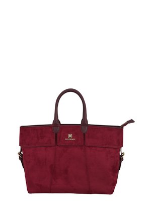 Borsa tote in pelle bordeaux con manici scuri, chiusura con cerniera e piccolo logo del marchio dorato sul pannello centrale frontale.