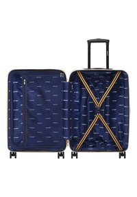 Valigia rigida con un'esterno blu navy, zip dorato e un interno a motivo. Dispone di un manico retrattile e quattro ruote per la mobilità.