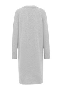 Helle graue Strickjacke mit strukturiertem Finish, gerippten Bündchen und lockerer Passform. Sie hat einen runden Ausschnitt und mittellange Ärmel.