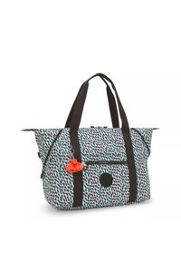 Multicolored tote bag with a textured fabric featuring a scattered pattern. Black straps and a red charm attached to the zipper pocket.