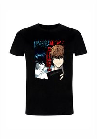 Czarna bawełniana koszulka z grafiką przedstawiającą dwóch bohaterów z "Death Note", z niebieskimi i czerwonymi akcentami oraz napisem w wyraźnej czerwieni.