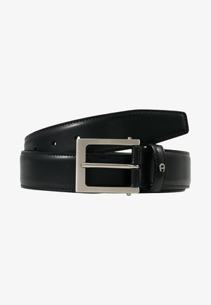 Black leather belt with a smooth finish, featuring a silver rectangular buckle and multiple adjustment holes along the strap for a customizable fit.