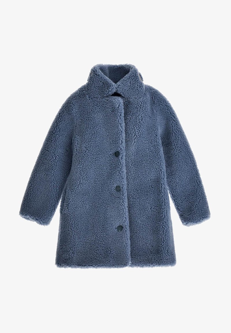 Manteau polaire bleu à manches longues avec boutons, col montant et matière texturée, douce et duveteuse.