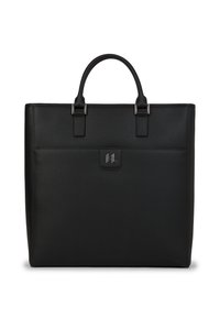 Černá kožená taška ve tvaru strukturovaného obdélníku, s dvojitými horními uchy, stříbrnými detaily a přední kapsou s logem.