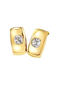 Náušnice obdélníkového tvaru v zlatém tónu s lesklým povrchem, uprostřed s průhledným, fazetovaným kamenem. Hladký povrch a elegantní design.