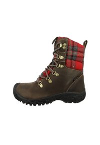 Brauner wasserdichter Stiefel mit rot-grauem Karostoff am oberen Teil, Metallösen und einer strukturierten schwarzen Gummisohle. Robuste Konstruktion für den Einsatz im Freien.