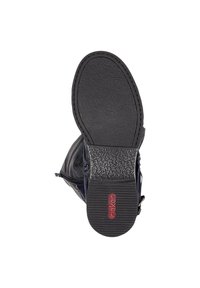 Black leather ankle boot with textured rubber sole, zipper detail on the side, and a red brand logo on the heel.  Additionally, it features a rounded toe.