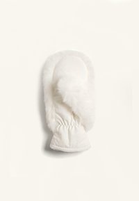 Mănuși albe cu un tiv moale din blană sintetică, cu încheietura strânsă pentru un fit confortabil și material exterior neted. Potrivite pentru purtarea în sezonul rece.