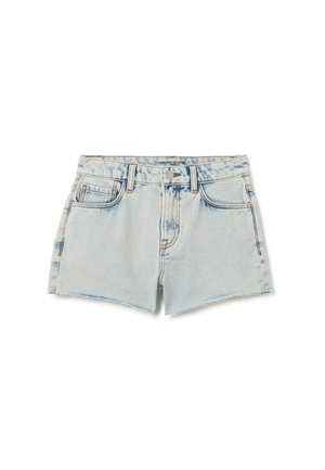 Lichtblauwe high-waist denimshorts met steekzakken aan de voorkant, knoopsluiting, riemlussen en een onafgewerkte zoom.