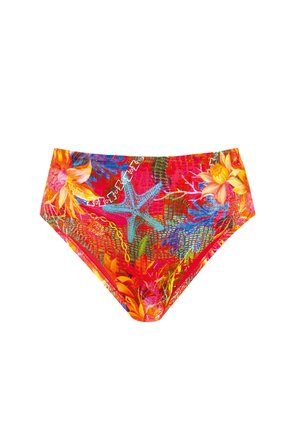 Majtki bikini z wysokim stanem w intensywnie czerwonym kolorze z wzorem kwiatowym i rozgwiazd. Wykonane z elastycznego materiału o gładkiej fakturze z kontrastową lamówką.