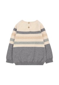 Pull en tricot beige et gris avec des rayures horizontales. Doté d'un col rond et de deux boutons en bois à l'arrière. Texture douce.