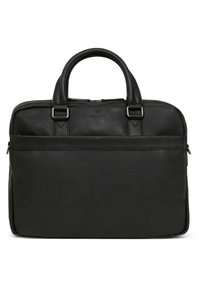 Cartella in pelle nera con doppi manici, tasca frontale con zip e dettagli in metallo. Texture liscia, forma rettangolare e logo discreto.