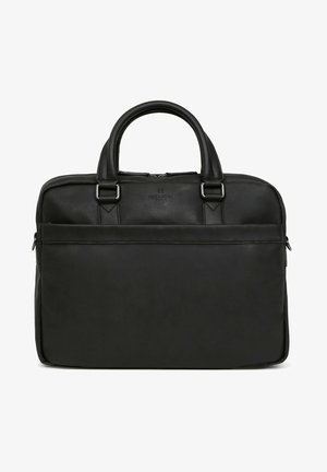 Black leather briefcase with dual handles, front zip pocket, and metal accents. Smooth texture, rectangular shape, and subtle logo detail.