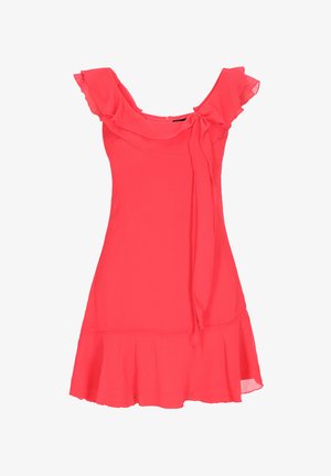 Korallpunane kleit rippuva kaelusega, sidumisdetailiga ja laieneva hemiga. Valmistatud kergest kangast, millel on sile tekstuur.