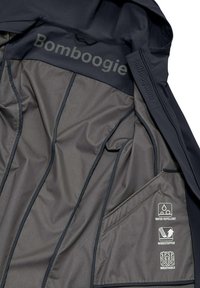 Binnenkant van de marineblauwe windbreaker jacket toont waterafstotende stof, grijze voering en etiketten voor winddichte en ademende kenmerken.