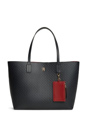 Borsa tote nera testurizzata con due manici e una piccola pochette rossa con cerniera attaccata, con un logo dorato sul davanti.