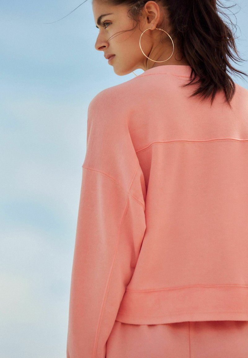 Sweatshirt oversize rose pâle avec un col rond et des poignets côtelés. Texture douce et détail de couture visible à l'arrière.