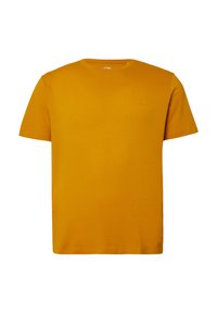 T-shirt met korte mouwen in levendig geel katoen. Ronde halslijn met een gladde textuur. Eenvoudig ontwerp zonder zichtbare patronen of accenten.