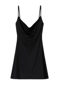 Schwarzes Top mit dünnen Trägern, das einen drapierten Cowl-Ausschnitt und eine weiche, glatte Textur aufweist; A-Linien-Silhouette, die unter die Hüften verlängert.