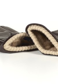 Brune lærhansker med beige strikket fôr. Har en myk tekstur og god passform, synlig syning langs kantene.