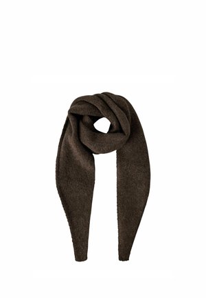 Écharpe en laine brun foncé pliée avec une extrémité plus longue, montrant un tissu doux et texturé adapté au temps froid.