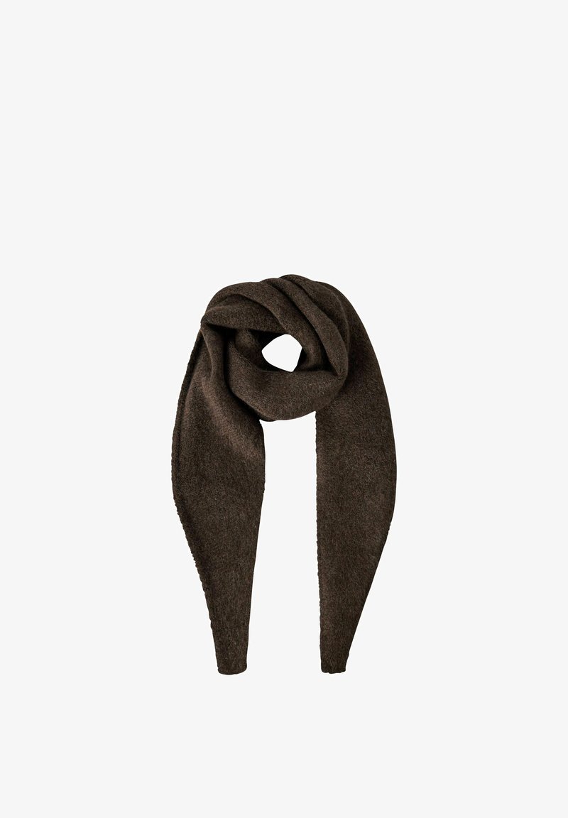 Écharpe en laine brun foncé pliée avec une extrémité plus longue, montrant un tissu doux et texturé adapté au temps froid.