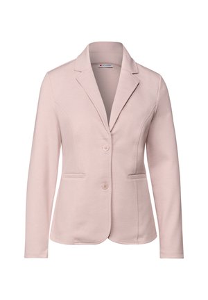 Light pink blazer made of soft fabric, featuring a notched collar, two front pockets, and two buttons at the front.