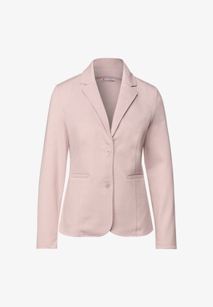 Blazer rosa claro hecho de una tela suave, con cuello de muesca, dos bolsillos delanteros y dos botones en el frente.